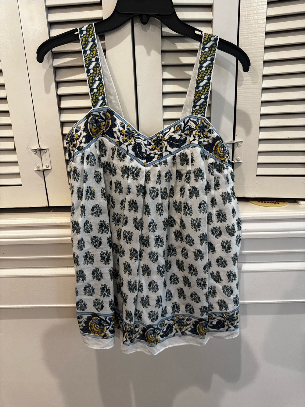 White Floral-Print Tank Top with Blue and Yellow Border